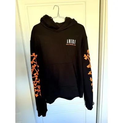 AMIRI "Hollywood, CA" Bones Popover Hoodie — Black/Orange — L