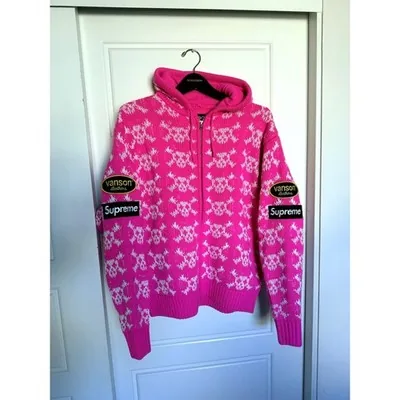 Supreme × Vanson Leathers Skull Zip Up Hooded Sweater — Pink — M