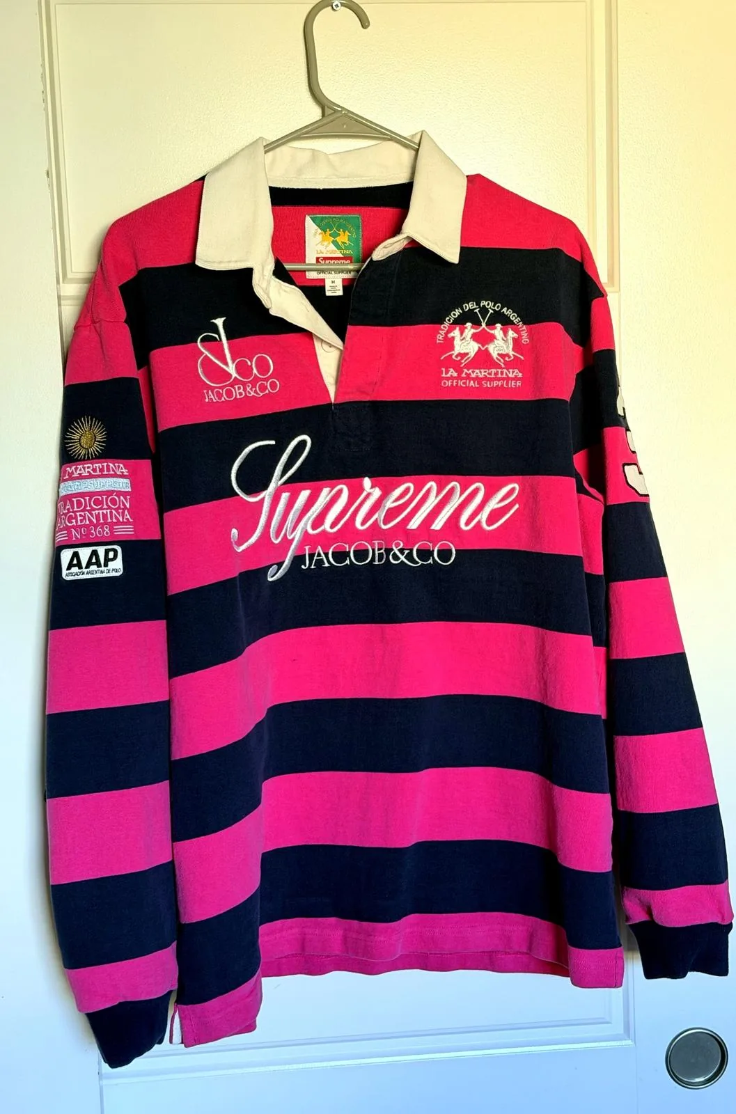 Supreme × La Martina × Jacob & Co Rugby — Stripe (Pink/Navy) — M — Worn Once