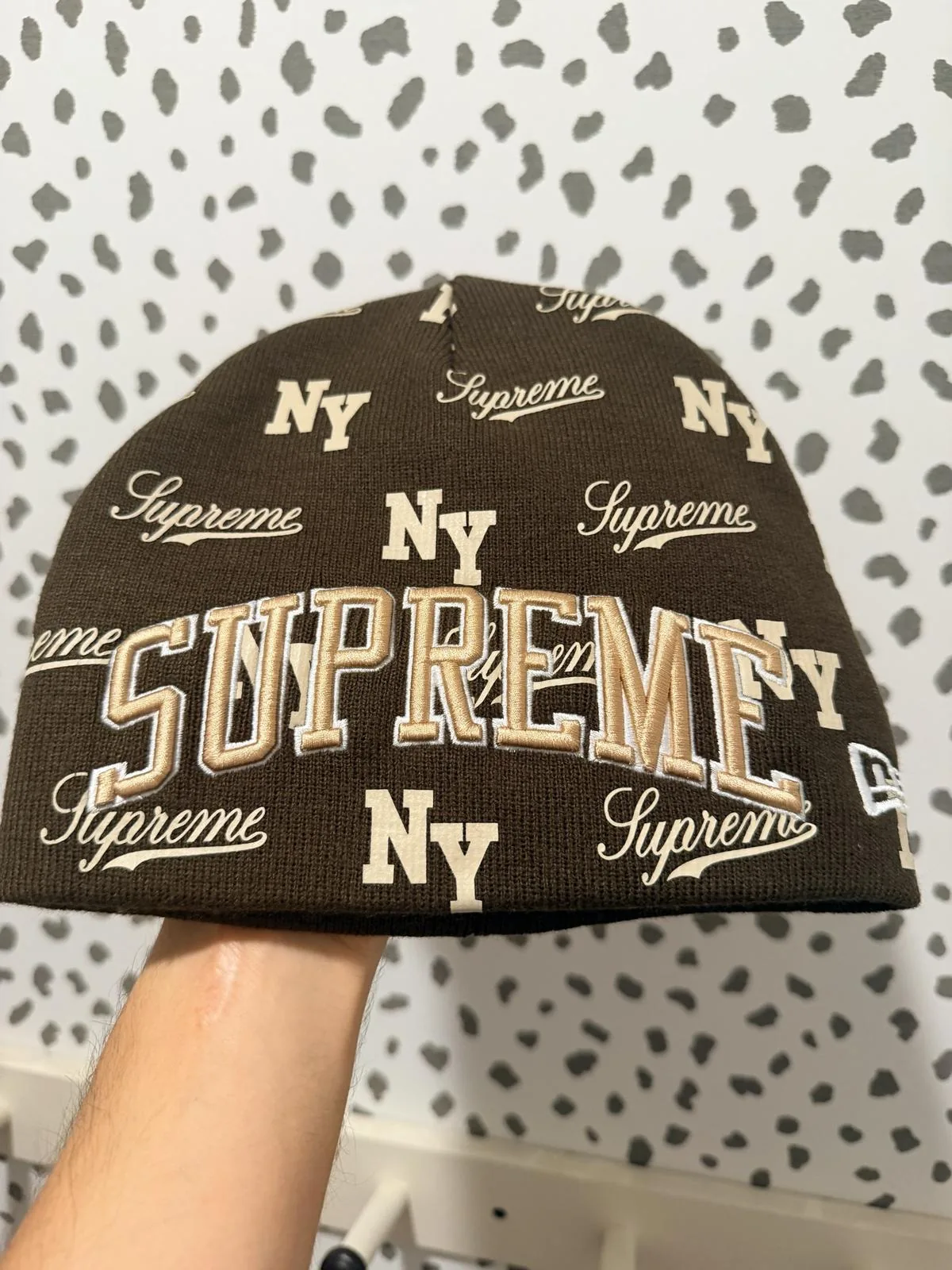 Supreme × New Era Monogram Beanie — Brown — One Size — New Without Tags
