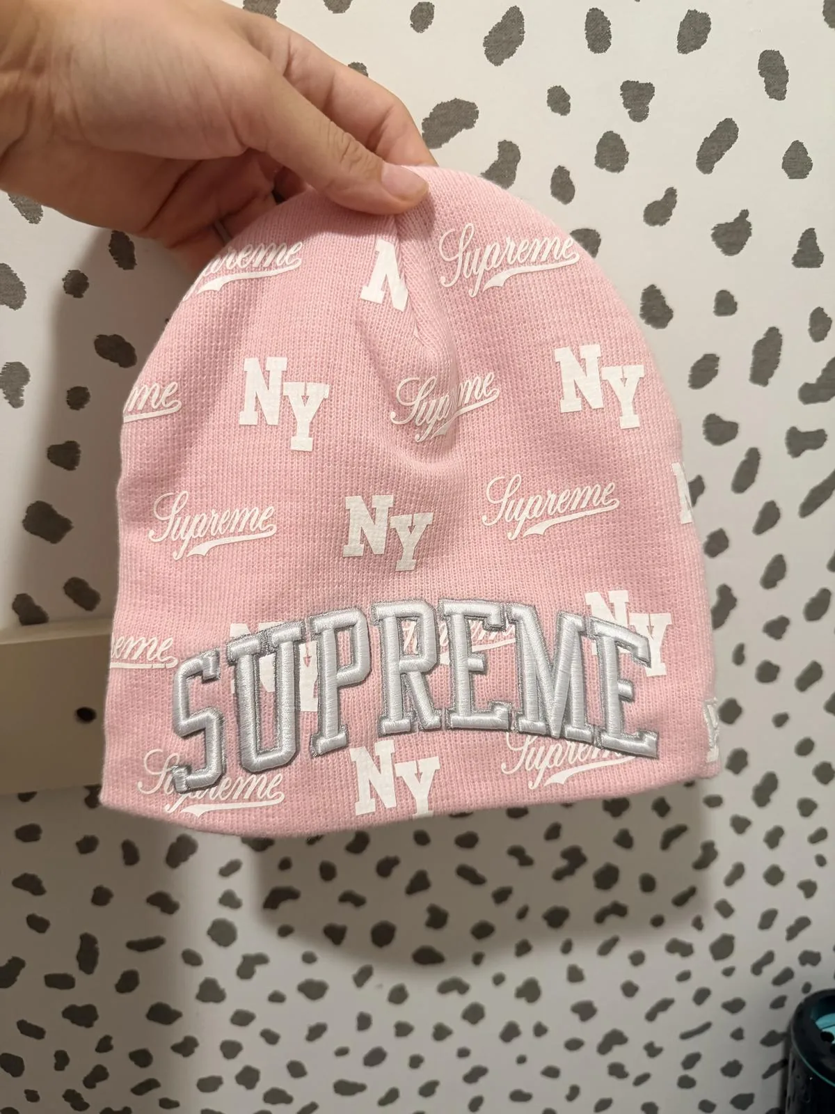 Supreme × New Era Monogram Beanie — Pink — One Size — New Without Tags