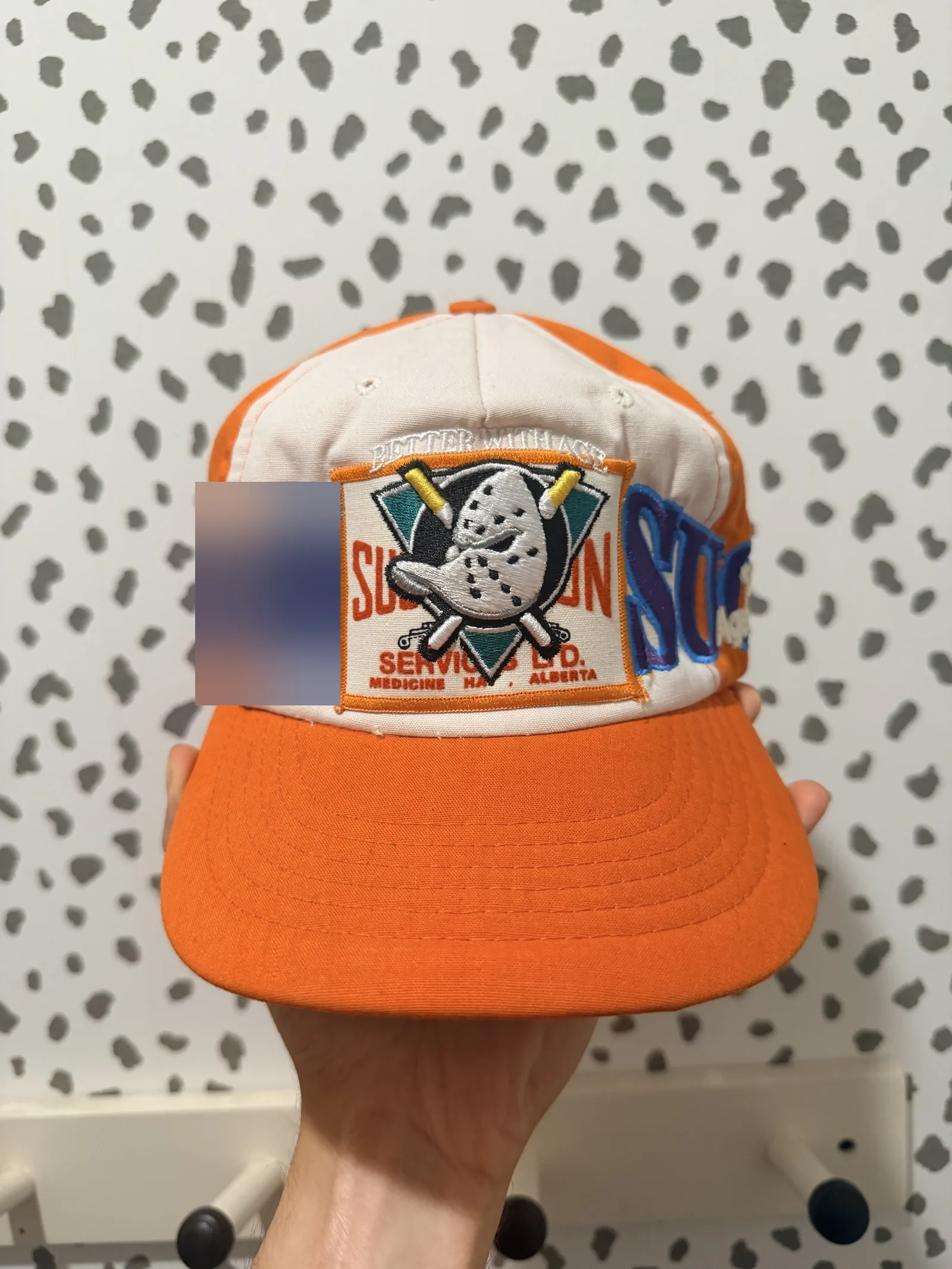 Better With Age Vintage Snapback — Orange/White, Duck-Mask Hockey Patch, Leather Strap — One Size — Pre-owned Excellent
