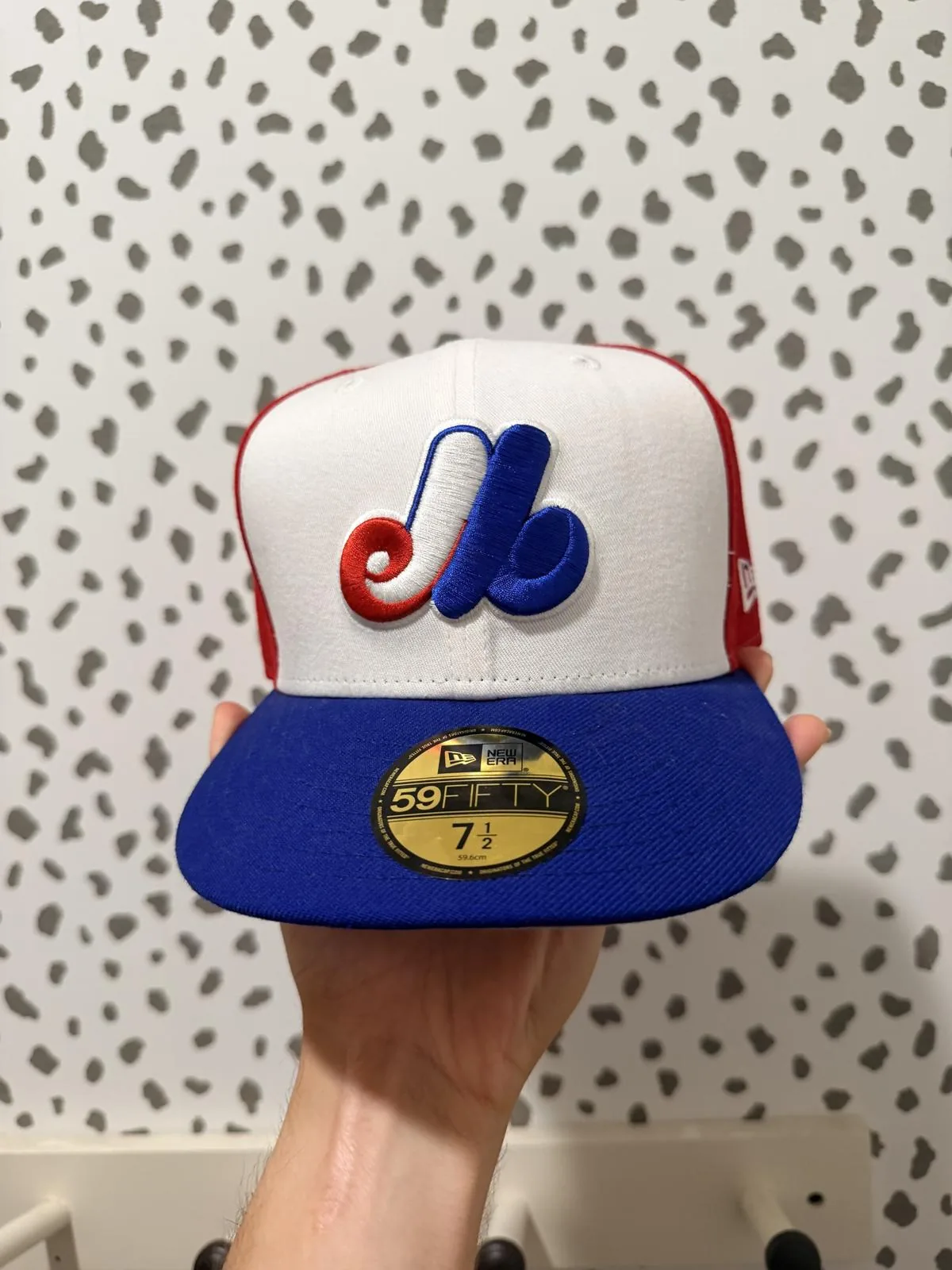 New Era 59FIFTY Montreal Expos — Cooperstown Collection Wool Pinwheel — White/Red/Royal — Size 7 1/2 — New Without Tags